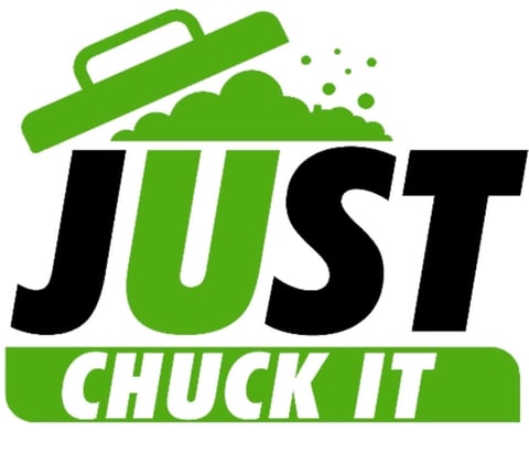 Just Chuck It logo featuring green and black text with an illustration of a trash bin and leaves above